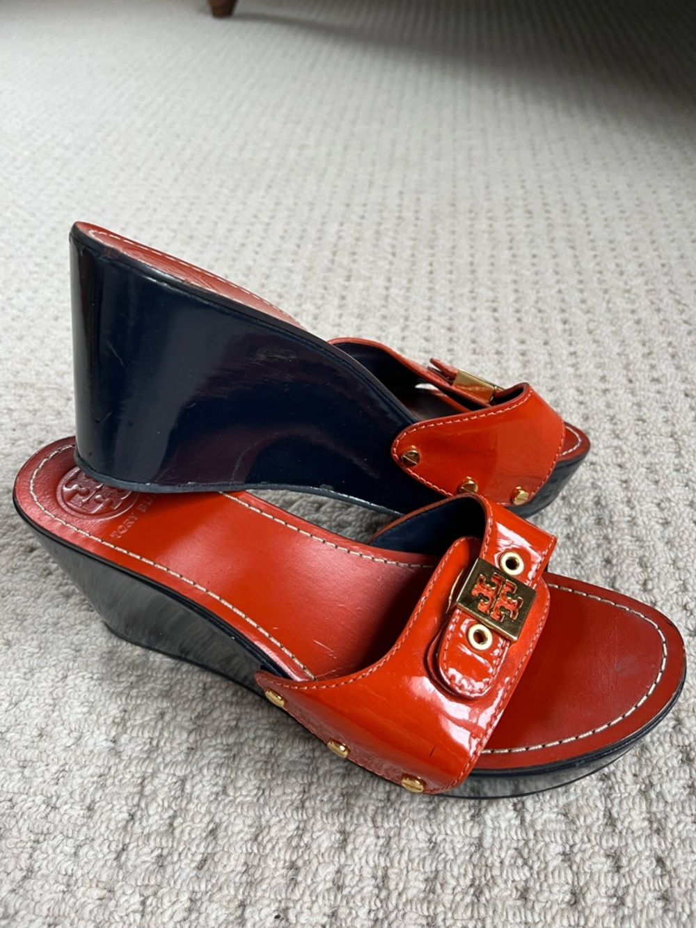 Tory Burch Orange/Navy Patent Leather Wedge Sandals